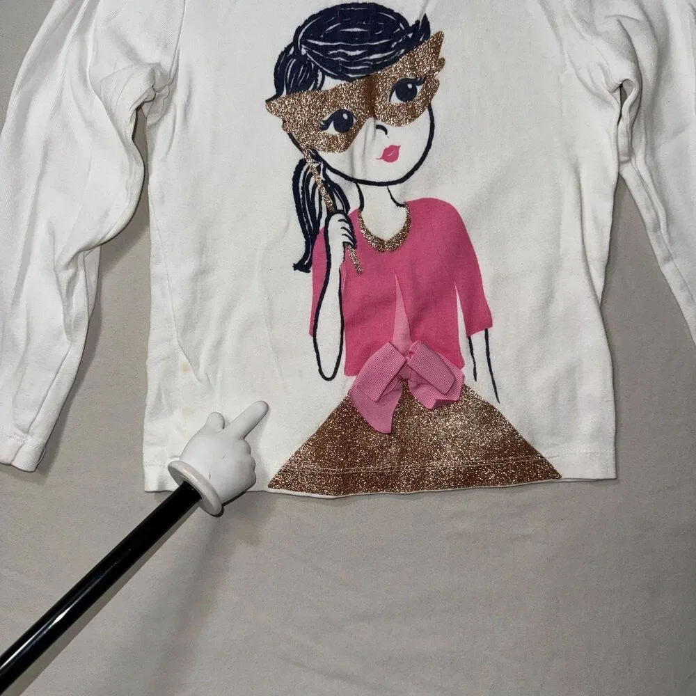 Gymboree Masquerade Mask Shirt Girl's 5 Long Sleeve White Casual Tee Top Glitter